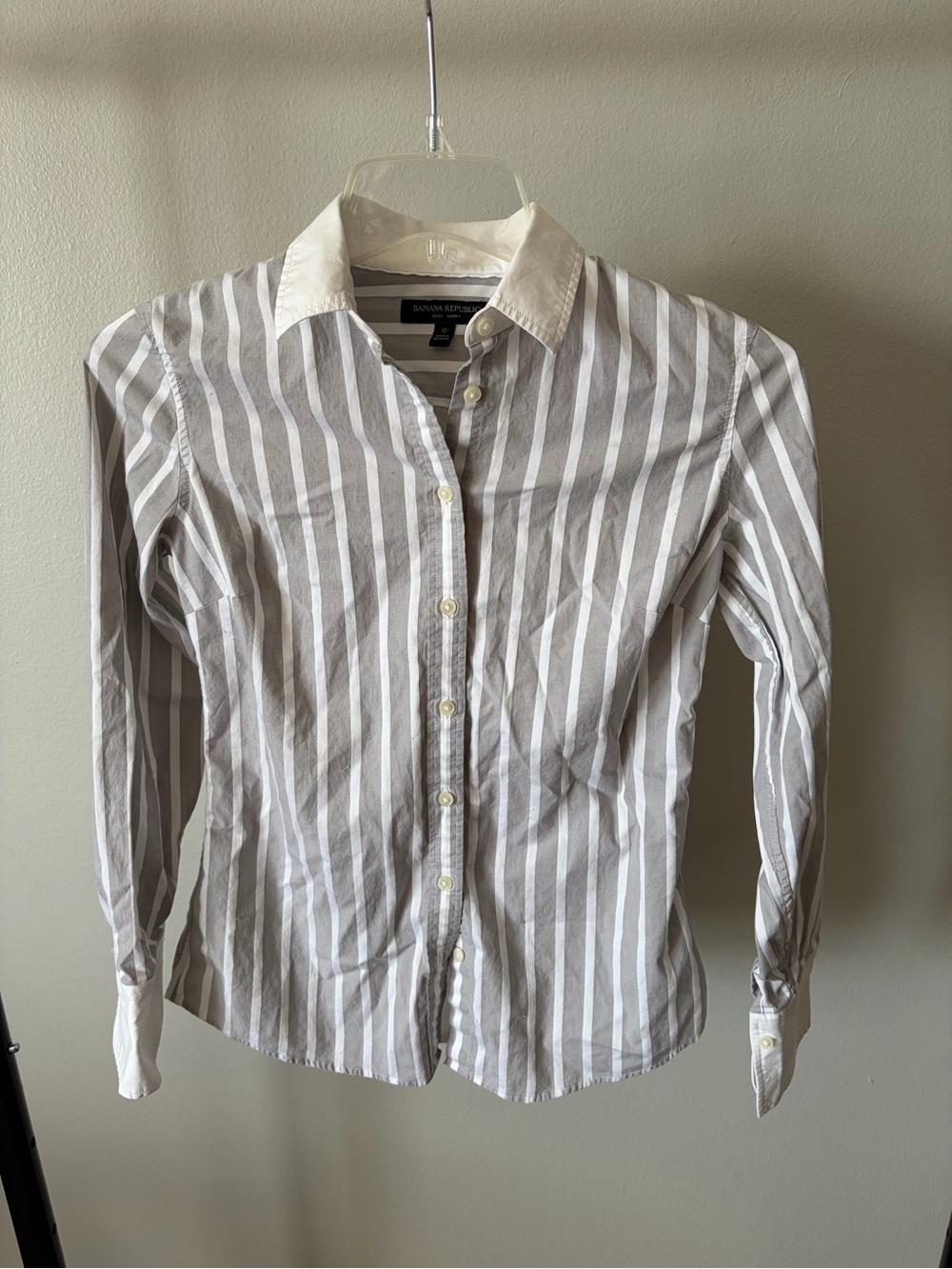 Banana Republic White and Gray Vertical-Stripe Button Shirt